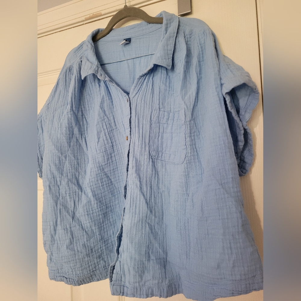 Old Navy Womens Blue Buttondown Crinkle Gauze Cap Sleeve Shirt Size 2XL
